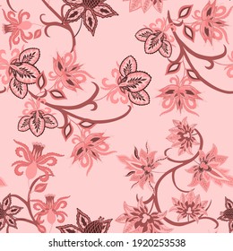 Oriental motives. Seamless pattern with beautiful ethnic flowers and paisley. Floral decoration. Traditional paisley pattern. Textile design texture.Tribal ethnic vintage seamless pattern.	