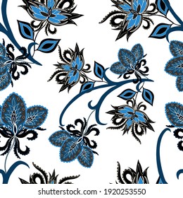Motivos orientales. Patrón sin foco con hermosas flores étnicas y paisley. Decoración floral. Patrón tradicional de paisajes. Textil de diseño textil.Patrón inmaterial tribal étnico.	