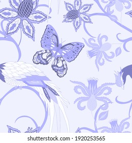 Orientalische Motive. Nahtlose Muster mit schönen ethnischen Blumen, Vogel und Schmetterling. Blumendekoration. Traditionelles Paisley-Muster. Textile Design Textur.Stamm ethnische Vintage nahtlose Muster.	