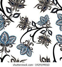 Motivos orientales. Patrón sin foco con hermosas flores étnicas y paisley. Decoración floral. Patrón tradicional de paisajes. Textil de diseño textil.Patrón inmaterial tribal étnico.	