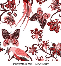 Oriental motives. Seamless pattern with beautiful ethnic flowers, bird and butterly. Floral decoration. Traditional paisley pattern. Textile design texture.Tribal ethnic vintage seamless pattern.	