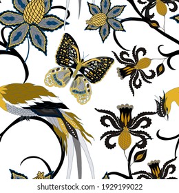 Oriental motives. Seamless pattern with beautiful ethnic flowers, bird and butterly. Floral decoration. Traditional paisley pattern. Textile design texture.Tribal ethnic vintage seamless pattern.	