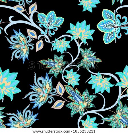 Oriental motives. Seamless pattern with beautiful ethnic flowers and paisley. Floral decoration. Traditional paisley pattern. Textile design texture.Tribal ethnic vintage seamless pattern.	