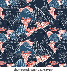 Oriental mountains kimono fabric pattern