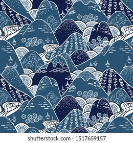 Oriental mountains kimono fabric pattern