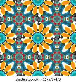 Oriental, mystic, alchemy pattern. Orange, red and brown printable package decorative elements. Coloring page template. Raster flower Mandala seamless pattern. Raster illustration.
