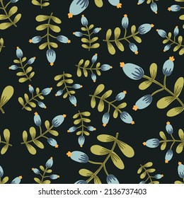 Oriental mystic motif branches with stylized ornamental flowers and berries in folk vintage style inspired by northern mythology, fairy tales seamless pattern. Vector flat cartoon texture background