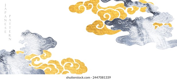 Oriental natural art pattern with chinese cloud decoration banner design in vintage style. Japanese background with black and gol watercolor texture painting element vector. Frame and border template.