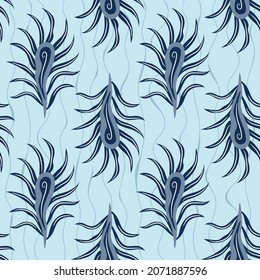 Oriental natural seamless pattern with fancy leaves on the light blue wavy background. Great for fabric, wallpaper, scrapbooking, packaging.