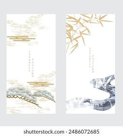 Oriental natural wave pattern with bonsai tre and bamboo leaf decoration design in vintage style. Japanese background with watercolor texture painting element vector. Frame and border template.