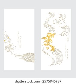 Oriental natural wave pattern with bonsai tre and bamboo leaf decoration design in vintage style. Japanese background with watercolor texture painting element vector. Frame and border template.