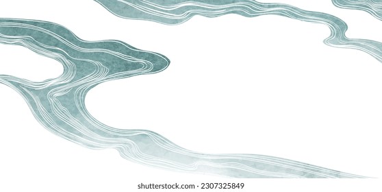 Oriental natural wave pattern with ocean sea decoration banner design in vintage style. Japanese background with watercolor texture painting element vector. Marine frame and border template.