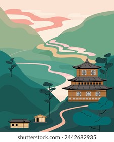 Oriental nature: tea plantations, river in green mountain valley. Asia landscape. China architecture, traditional old buildings, Chinese pagoda. Summer countryside of Japan. Flat vector illustration