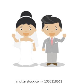 Oriental newlywed couple in cartoon style Vector illustration