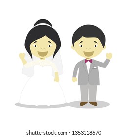 Oriental newlywed couple in cartoon style Vector illustration