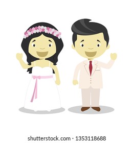 Oriental newlywed couple in cartoon style Vector illustration