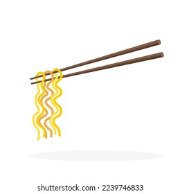 Oriental noodle. Chopsticks holding traditional asian noodles. Korean and Japanese food. Chinese cuisine. Vector illustration in trendy flat style isolated on white background.