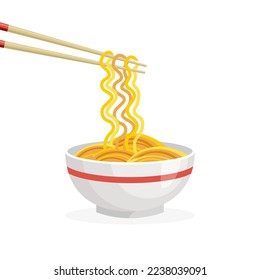 Oriental noodle dish in a bowl. Traditional asian noodles with chopsticks. Korean and Japanese food. Chinese cuisine. Vector illustration in trendy flat style isolated on white background.