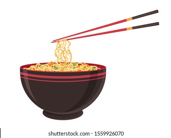 	
Oriental noodle food. Asian ramen tradition Chinese noodle restaurant with pasta and chopsticks. Vector illustration in cartoon flat style.