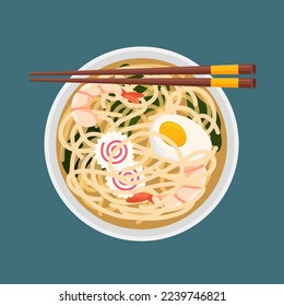 Noodle oriental con vista superior de gambas. Sopa tradicional asiática de ramen con palillos. Comida coreana y japonesa. Cocina china. Ilustración vectorial aislada al estilo moderno y plano.