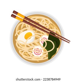 Vista superior de tallarines orientales. Sopa tradicional asiática de ramen con palillos. Comida coreana y japonesa. Cocina china. Ilustración vectorial en un estilo plano de moda aislado en el fondo blanco.