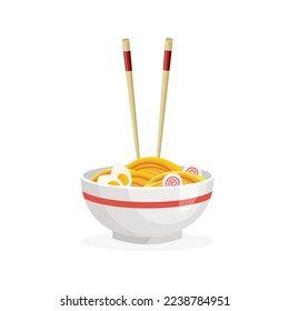 Oriental noodle. Traditional asian ramen soup with chopsticks. Korean and Japanese food. Chinese cuisine. Vector illustration in trendy flat style isolated on white background.