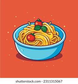 Oriental noodle. Traditional asian ramen soup with in red bowl. Korean and Japanese food. Chinese cuisine. Vector illustration in trendy flat style isolated on white background.