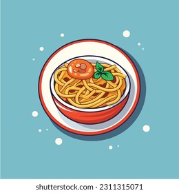 Oriental noodle. Traditional asian ramen soup with in red bowl. Korean and Japanese food. Chinese cuisine. Vector illustration in trendy flat style isolated on white background.