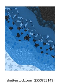 Oriental ocean marine life pattern illustration, dark blue gradient to light blue water with fish, octopus, starfish, seashell and turtle illustration, for background, design and printing.