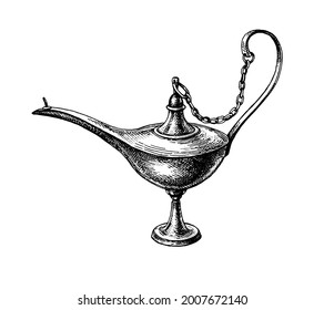 Oriental oil lamp. Ink sketch isolated on white background. Hand drawn vector illustration. Vintage style stroke drawing.