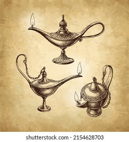 Oriental oil lamps set. Ink sketch on old paper background. Hand drawn vector illustration. Retro style etching.
