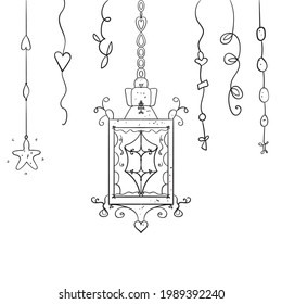 Ilustración vectorial de la vieja linterna oriental. Libro de coloreado de plantilla de vectores de vacaciones