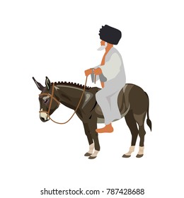 Oriental old man riding donkey. Vector illustration isolated on white background
