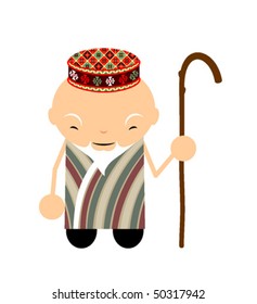 Oriental old man with a stick