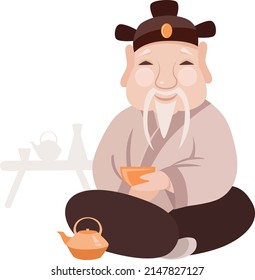 Oriental old man with tea. Tea cirimony. Sage, doctor of oriental medicine. Flat vector illustration