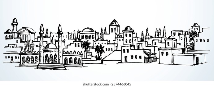 Oriental oman age turkey iraq iran sand desert oasis dwell place palm tree scene view stone tower square white sky. Outline ink hand drawn jordan medina retro judaic israeli jew art line sketch style