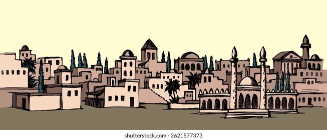 Idade romana oriental peru iraque areia do irã oásis deserto habitar palmeira vista cena torre pedra céu quadrado branco. Tinta de contorno desenhado à mão medina jordana retro judaic israeli linha esboço estilo