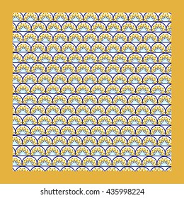 oriental ornament with colored semicircles frame and the contour painting