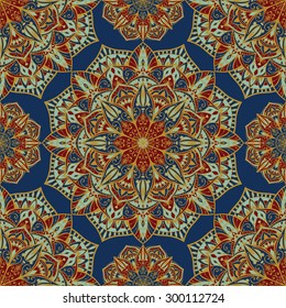 Oriental ornament with gold contours. Seamless vector ornate background. Detailed pattern of mandalas. Template for fabric.