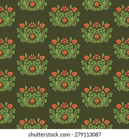 Oriental ornament with native floral elements. Seamless pattern of flower decoration on a dark background. Fully editable vector. Ideally suited for textile or ceramic industry.