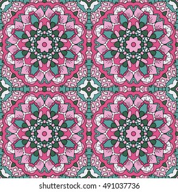 Oriental ornament relaxing. Mandala. Doodle Seamless pattern. Pink and blue