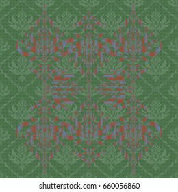 Oriental ornament seamless pattern. Green, brown and blue vintage textile print. Islamic vector mulicolored design. Motley tiles with floral motif.