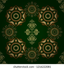 Oriental ornament seamless pattern in the style of baroque on a green background. Traditional classic pattern in gold and green colors. Vector illustration.