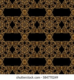 Oriental ornament seamless pattern in the style of baroque on a black background. Traditional classic pattern in gold and black colors. Vector illustration.