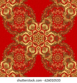 Oriental ornament seamless pattern in the style of baroque on a red background. Traditional classic pattern in gold and red colors. Vector illustration.
