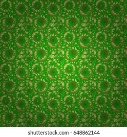 Oriental ornament seamless pattern in the style of baroque on a green background. Traditional classic pattern in gold and green colors. Vector illustration.