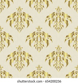 Oriental ornament seamless pattern in the style of baroque on a beige background. Traditional classic pattern in gold and beige colors. Vector illustration.