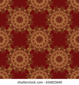 Oriental ornament seamless pattern in the style of baroque on a red background. Traditional classic pattern in gold and red colors. Vector illustration.