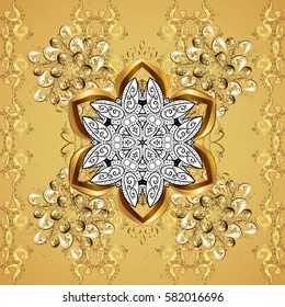 Oriental ornament in the style of baroque. Golden pattern on yellow background with golden elements. Traditional classic golden pattern. Vector oriental ornament.