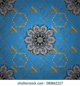 Oriental ornament in the style of baroque. Traditional classic golden vector pattern on blue background with golden elements.